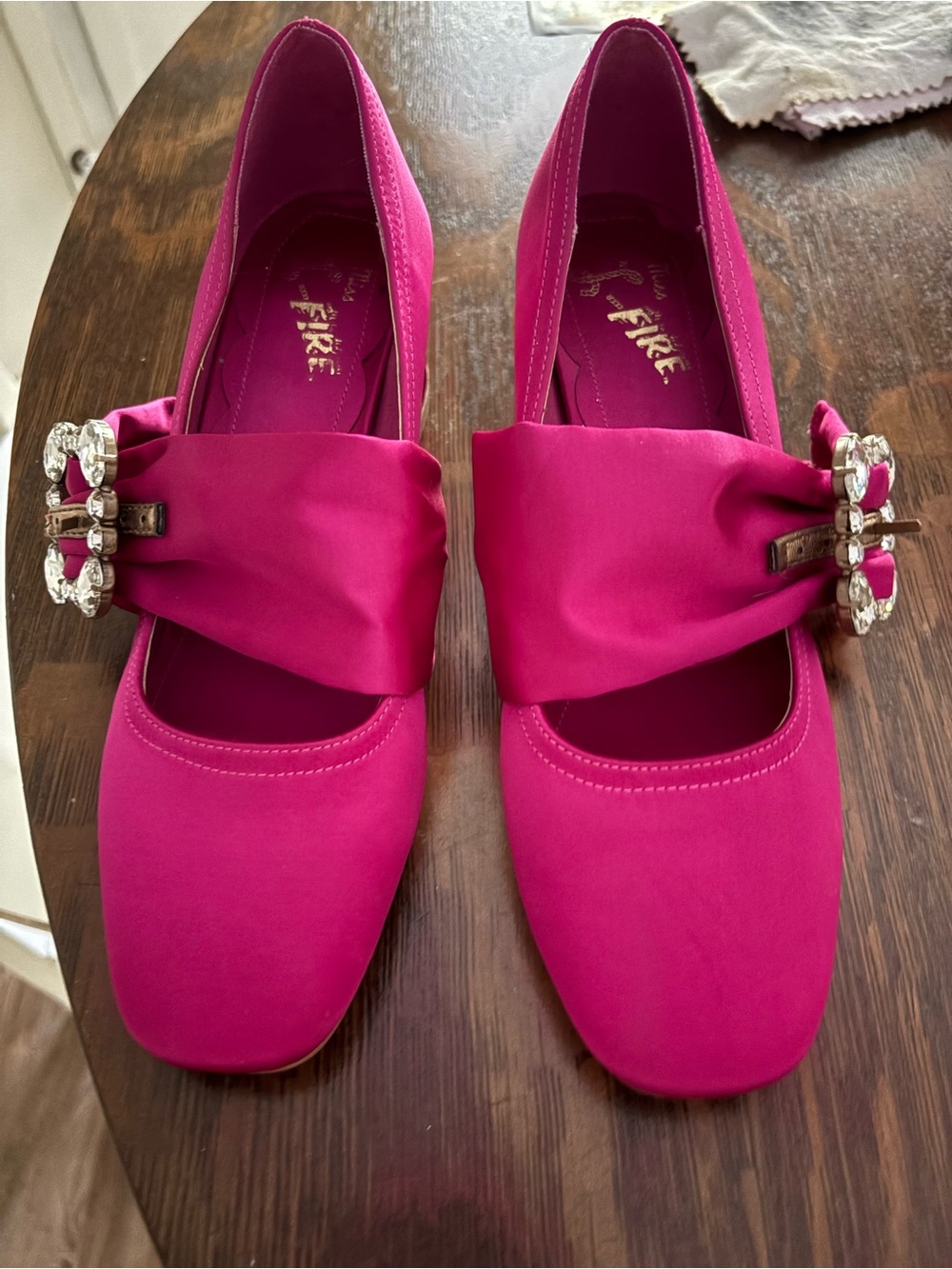 Miss L-Fire Hot Pink Satin Square-Toe Flats with Crystal Buckle